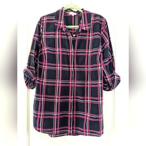 Crown & Ivy Woman Blue Pink Plaid Long Sleeve Button‎ Down Shirt Size 1X